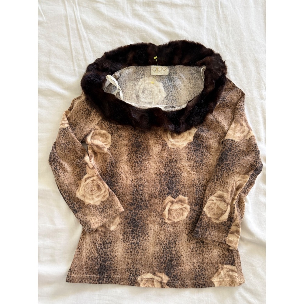Vintage Caché Top M Y2K Rose Animal Print Fur Trim Romantic Grunge - Picture 2 of 8